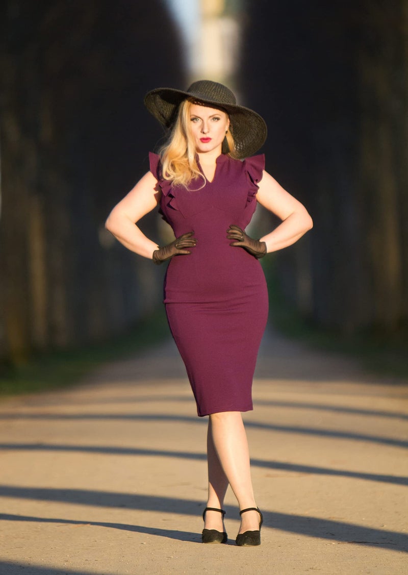 Knitee Women's Vintage Ruffle Sleeve V-Neck Bodycon Evening Party Cocktail Pencil Sheath Dress (Purple, Small) - Image 3